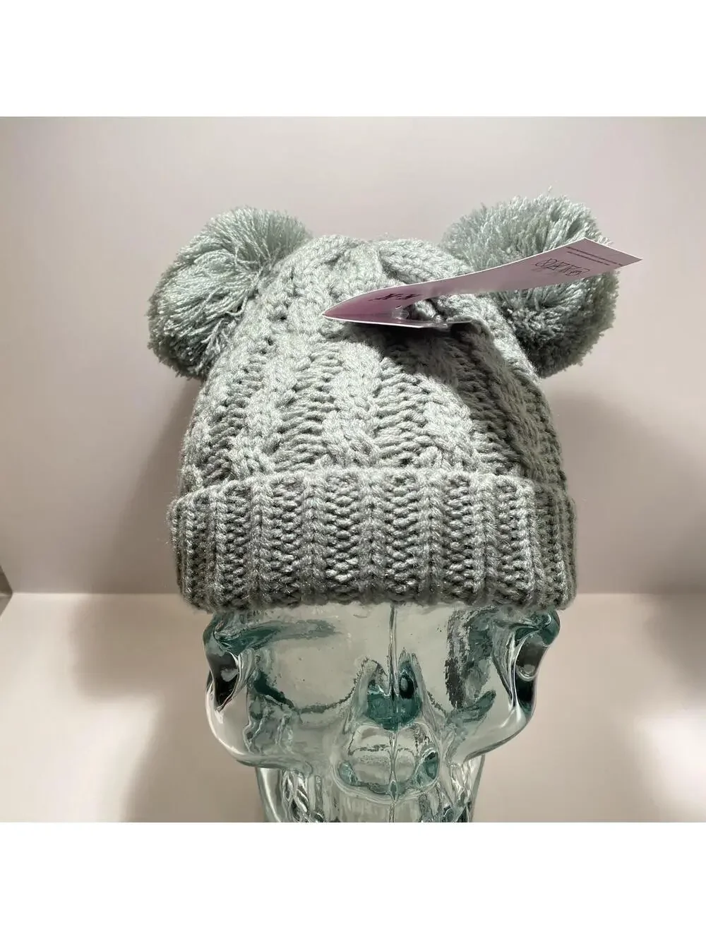 Kids Winter Hat Grey w Pom Pom Ears Cute Thick Warm Knitted Winter Beanie NEW
